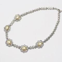 CAROLEE LUX Silver Tone Faux Pearl Rhinestone Floral Statement Necklace