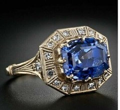 4.10 Ct Natural Sapphire Art Deco Vintage Engagement Ring 14K Yellow Gold FN