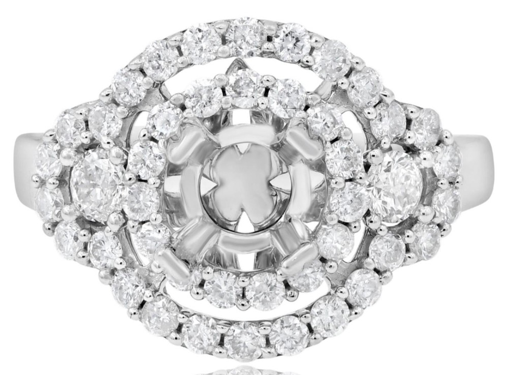 .99CT DIAMOND 14KT WHITE GOLD 3D DOUBLE HALO 4 PRONG SEMI MOUNT ENGAGEMENT RING