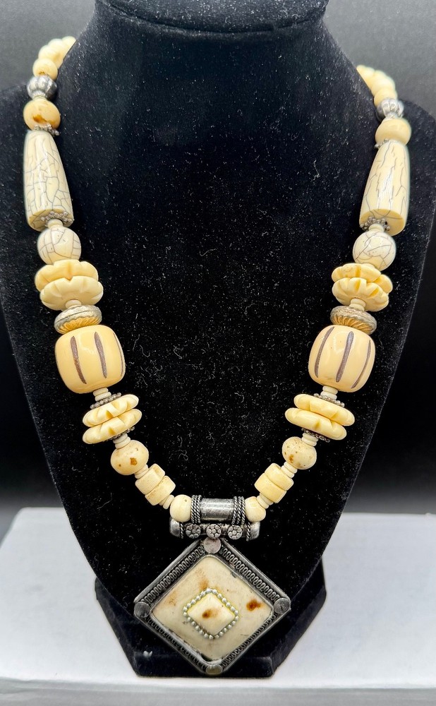 Vintage Tibetan-Style Hand-Carved Bone & Tribal Silver Pendant 21″