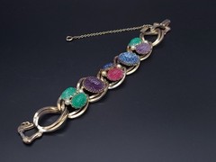 Vintage Reinad 5th Ave NY Carved Art Glass Cabochon Bracelet 1940s