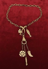 Vintage Gold Tone Hand Charm Necklace, Lucky Hand Talisman Necklace, Fish Clover