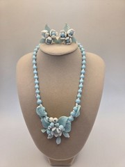 Vintage W. Germany light blue & white bead floral necklace and earrings jewelry