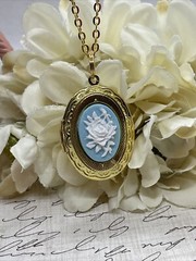 Blue White Easter Spring Wedding ROSE Cameo Locket Pendant Necklace Woman Gold