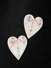 Vintage Artisan White Pink Blue Ceramic Heart Pierced Earrings Boho