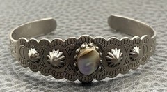 Vintage Southwestern Style Mother of Pearl Shell Cuff Bracelet Silver Tone 6.5”