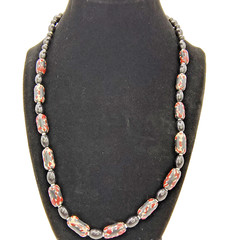 Vintage Barrel Bead Necklace Red Black White Abstract Tribal 22″ Matinee Length