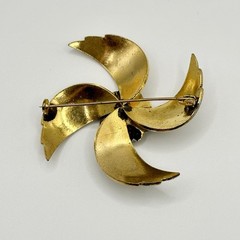 Vintage Antique Damascene Brooch Gold Tone Flower Faux Pearl Spain
