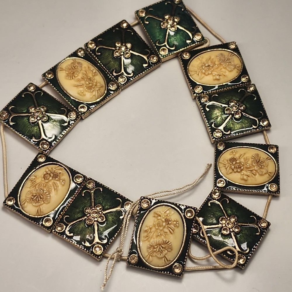 Vintage 1930s Guilloché Enamel Celluloid Cameo Panel Bracelet Art Deco Green