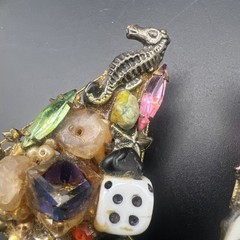 Vintage Handmade Assemblage Clip On Earrings Seahorse Dice Rhinestone Charms