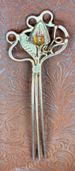 Vintage Solid Brass Hair Comb/Pins~Calla Lily Flower w Vines & Leaf ~Art Nouveau