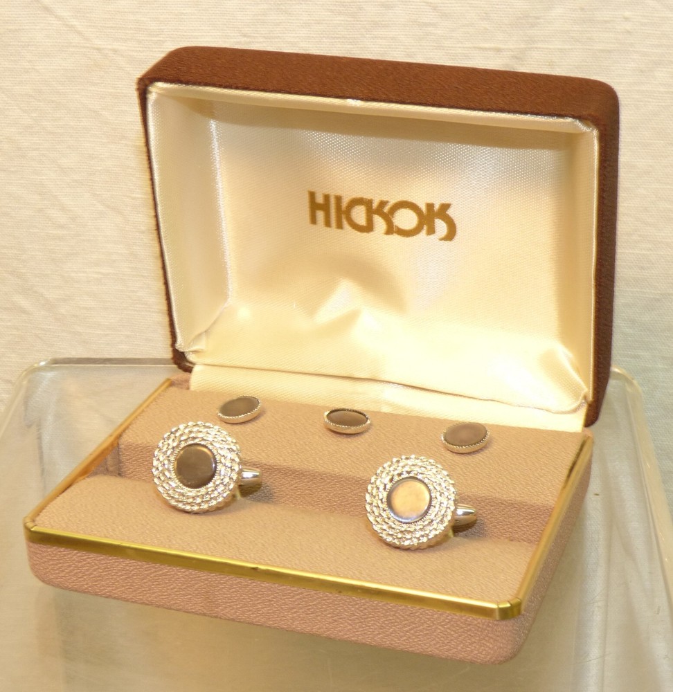 Vtg HICKOK Cufflinks Pair & 3 Stud Button Set Silver & Gray Mother of Pearl MOP