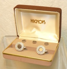 Vtg HICKOK Cufflinks Pair & 3 Stud Button Set Silver & Gray Mother of Pearl MOP