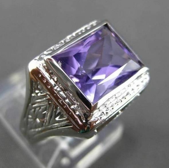 ANTIQUE LARGE 4.00CT AAA AMETHYST 14KT WHITE GOLD FILIGREE 3D SQUARE RING #24124