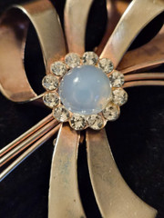 Vintage Gold Tone Floral Ribbon Bow Brooch Blue Cabochon Moonstone & Rhinestones