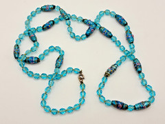 Antique Murano Venetian Glass Aqua Blue Wedding Cake Crystal Bead 39″ Necklace