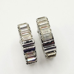 Clear Baguette Sparkly Rhinestone Hinged Clip On Small Hoop Vintage Earrings