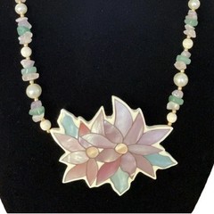 VTG Lee Sands Necklace Mother Of Pearl Inlay Flower Quartz Rose Green Beads
