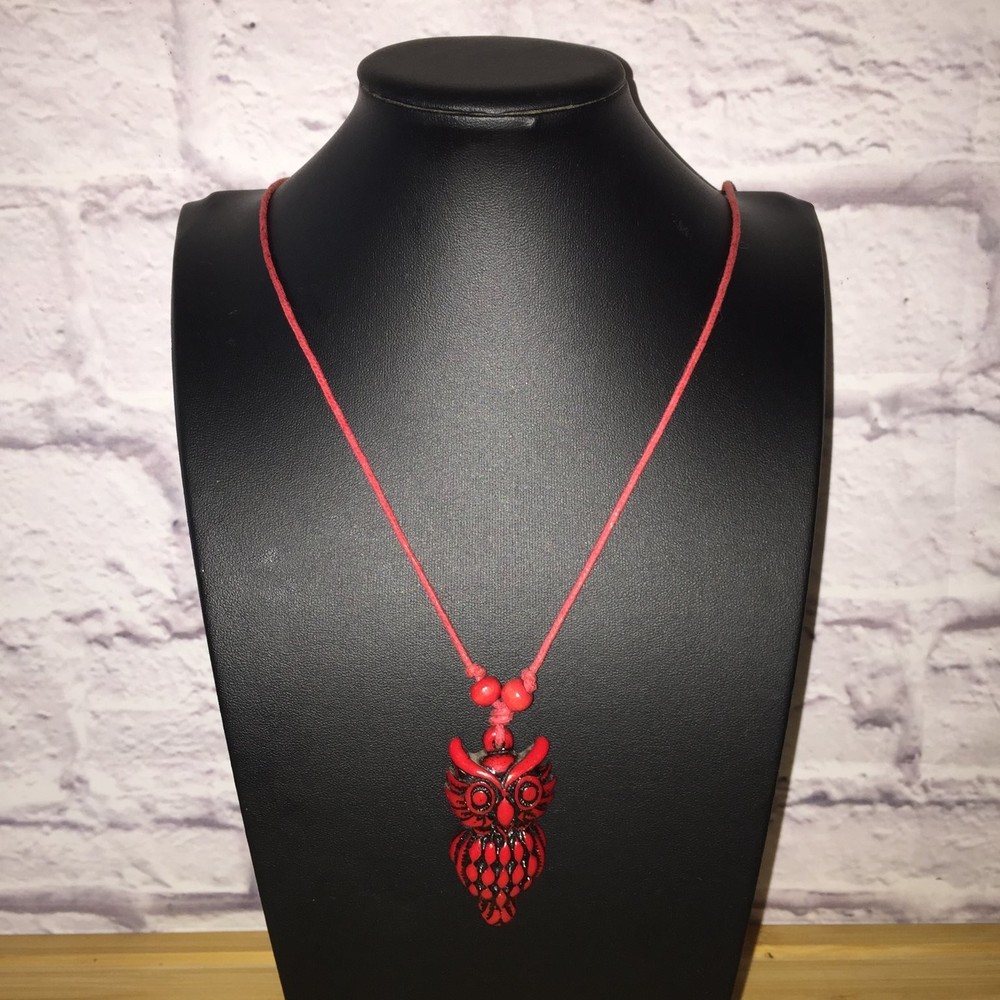 Vintage Red Lucite Owl Pendant Necklace Adjustable Boho Style Vintage Folk Art