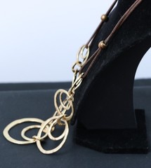 Long Gold Tone Circle Link Necklace Hammered Rings Brown Cord