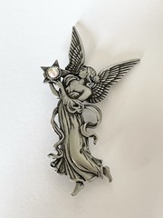 Vtg Pewter JJ Jonette Winged Angel Brooch Pin w Glowing Star 3.25″