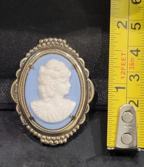 Oval Cameo Portrait Brooch Pin, Scalloped Gold-Tone Setting, Blue & White
