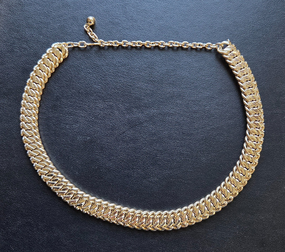 1970s Silver Tone Flat Curb Chain Collar Necklace with Extender