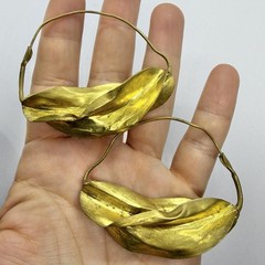 Vtg XL Brutalist Sculptured Brass Hoop Wire Statement Earrings Runway Bold Huge