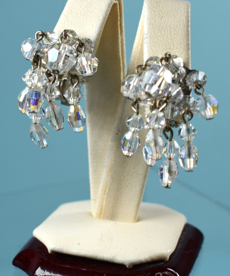 Vintage AB Crystal Glam Cha Cha Beaded Clip On Dangle Drop Earrings 1.3″