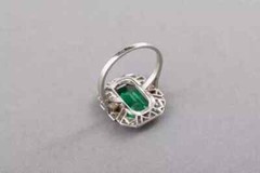 14k White Gold Finish Art Deco Style Lab Created Diamond & Emerald Wedding Ring