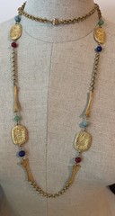 Vintage Egyptian Revival 46” Art Glass Bead & Hieroglyphic Tablets Necklace WOW!