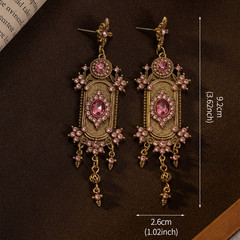 Vintage Victorian Style Pink Crystal Dangle Earrings Gold Tone Ornate Statement