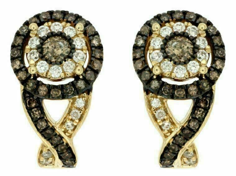 .99CT WHITE & CHOCOLATE FANCY DIAMOND 14K YELLOW GOLD ROUND DOUBLE HALO EARRINGS
