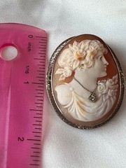 VINTAGE 14K WHITE GOLD LARGE SHELL CAMEO DIAMOND PIN BROOCH CONVERTABLE PENDANT