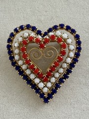 Vintage Patriotic USA Triple Heart Brooch Red White Blue Rhinestones Pin