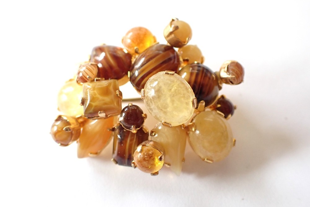 Vintage Signed Austria Cluster Style Brooch W/ Amber Yellow Brown Glass Cabochon