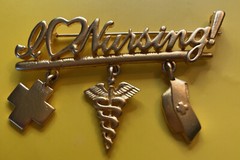 Vintage JJ Jonette GoldTone Pin Brooch I Love Nursing Dangle Charms J07