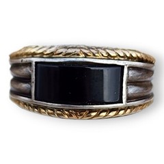 Vintage Signed Sterling Silver 925 and 14KT Gold Onyx Band Ring Size 10.75