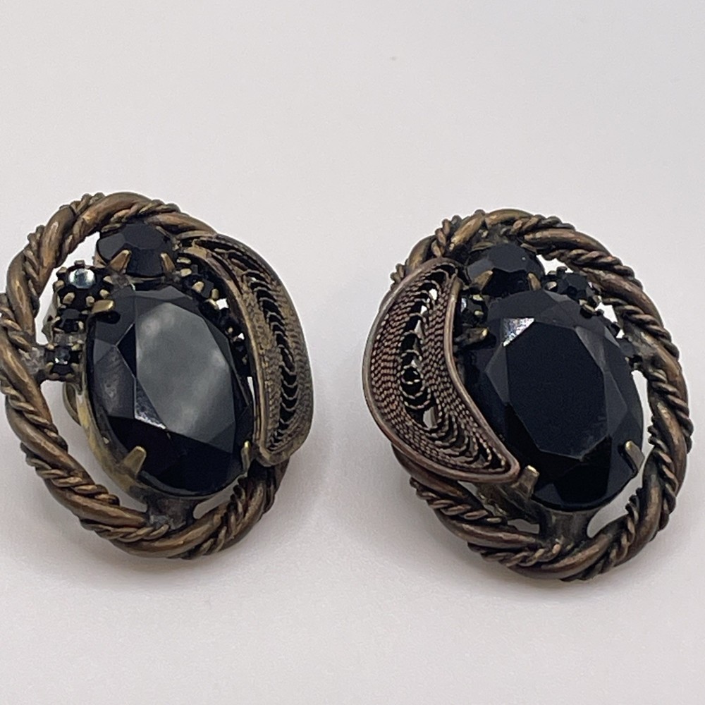 Earrings Vintage Ornate Black Glass Metal Onyx Style Jewelry Clip On