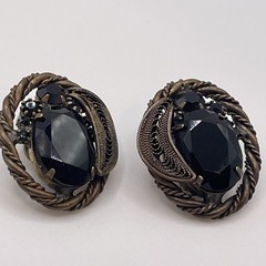 Earrings Vintage Ornate Black Glass Metal Onyx Style Jewelry Clip On