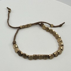 Boho Stackable Hexagon Brass Tone Bead Bracelet Adjustable Cord Earthy Gift Idea