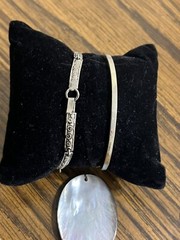 Vintage Lot of 2 Alpaca Silver Bracelets & Carved Mother Pearls Pendant