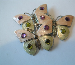Vintage French Cloisonne Pink and Green Enamel and Rhinestone Butterfly Pin