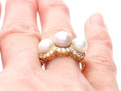 Cultured Pearl and 0.60Ct Diamond 18k Yellow Gold Cluster Ring Circa 1935