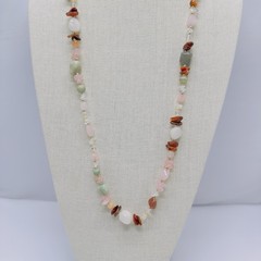 Vintage Beggars Bead Necklace Semi Precious Gemstones 31″ Pink Green Clear