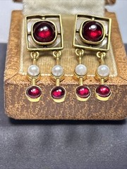 MMA Metropolitan Museum Of Art Gold Tone Pearl Garnet Drop Earrings 14k Post