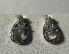 Vintage Nolan Miller Tear Drop Earrings Silvertone Crystal Flowers 3/4”