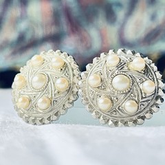 Vintage Faux Pearl Brushed Silver Tone Round Post Earrings