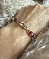 Vintage C.1950s 14Kt Rose Gold Natural Oval Multi-Gemstones Link Bracelet 7.5”in
