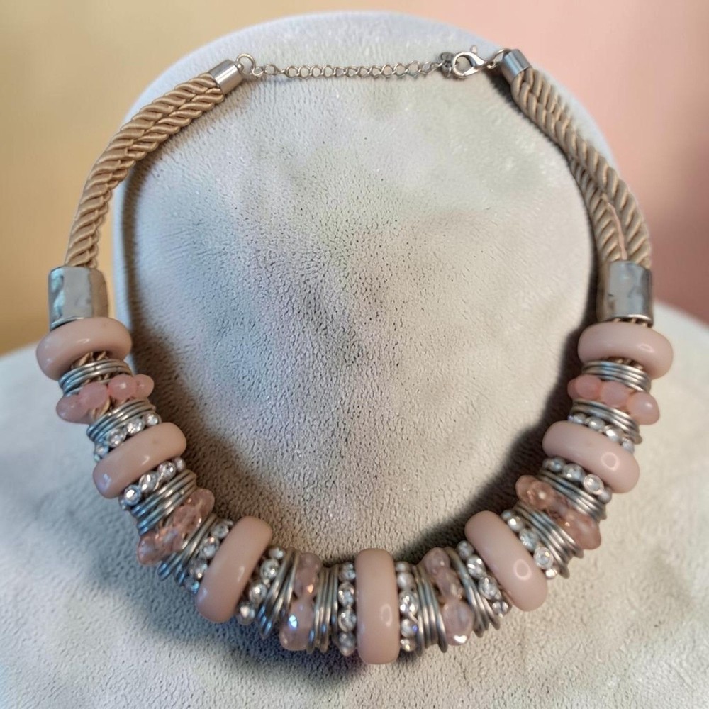 Vintage Gold Rope Peach Bead Statement Necklace Rhinestone Chunky Jewelry Gift